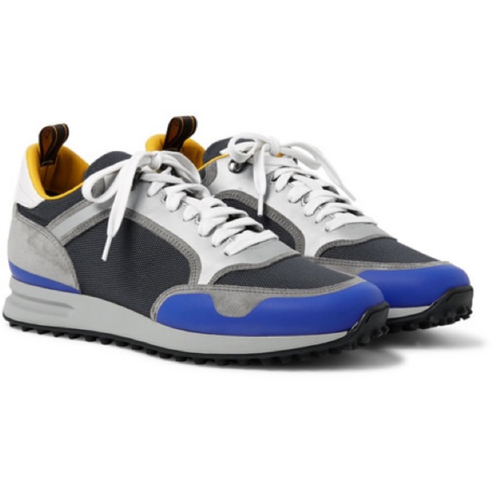 DUNHILL LONDON RADIAL RUNNER LEATHER AND SUEDE-TRIMMED MESH SNEAKERS IN BLUE